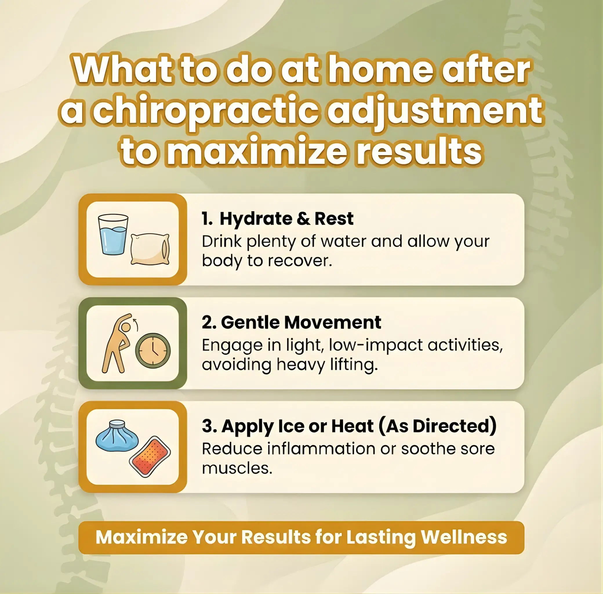 Infographic titled "What to do at home after a chiropractic adjustment." Tips: Hydrate & Rest, Gentle Movement, Apply Ice or Heat. Tone: Informative. | Ribley Chiropractic