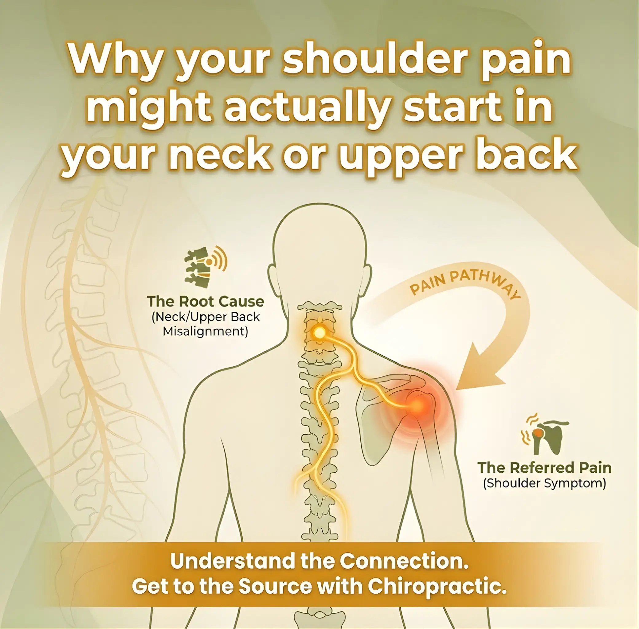 Diagram illustrating how shoulder pain may originate in the neck or upper back. Highlights pain pathways and chiropractic solutions with a soothing tone. | Ribley Chiropractic
