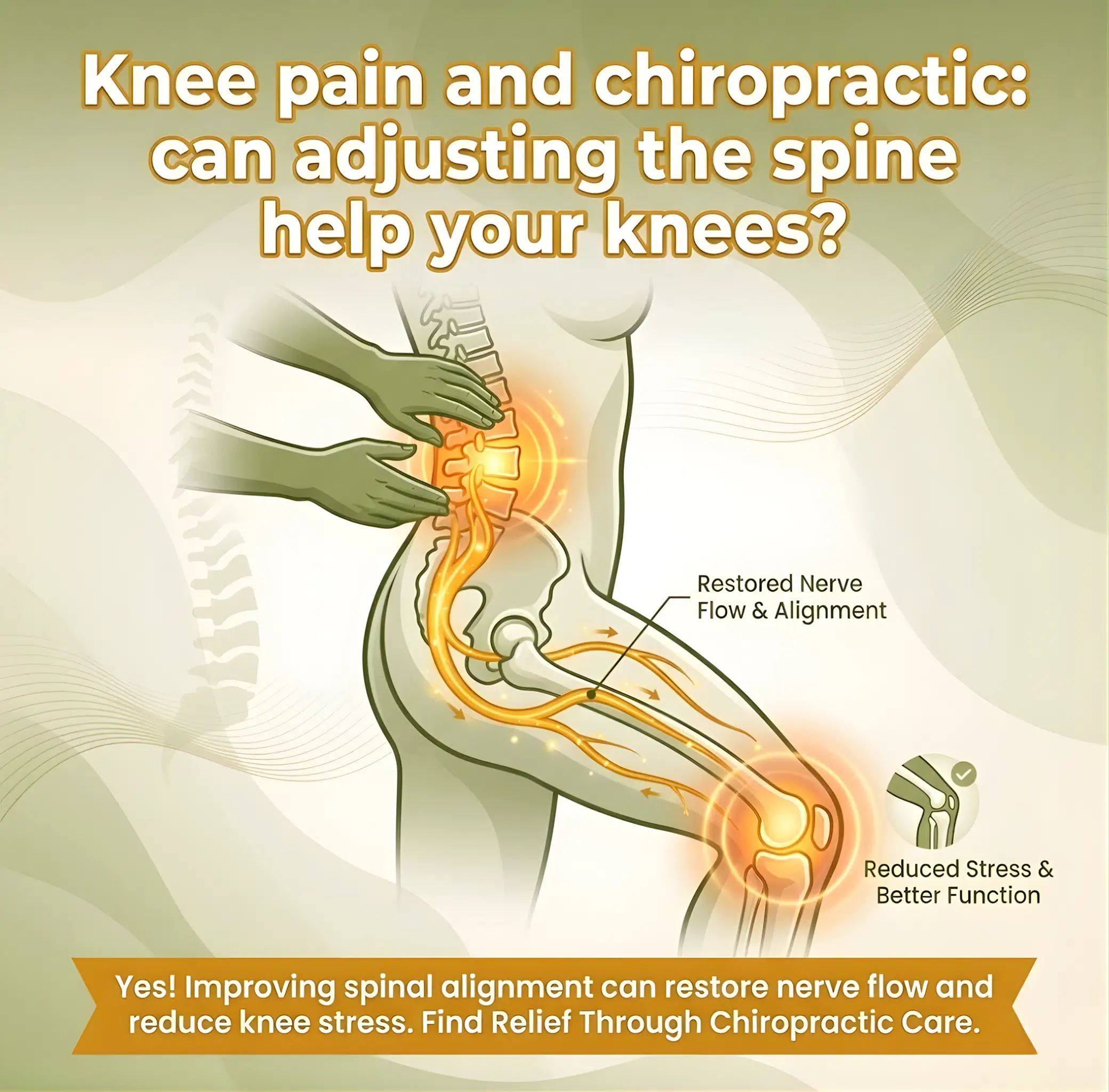 Illustration of a spine and knee with highlighted nerves. Text reads, "Knee pain and chiropractic: can adjusting the spine help your knees?" Arrows indicate nerve flow improvement. | Ribley Chiropractic
