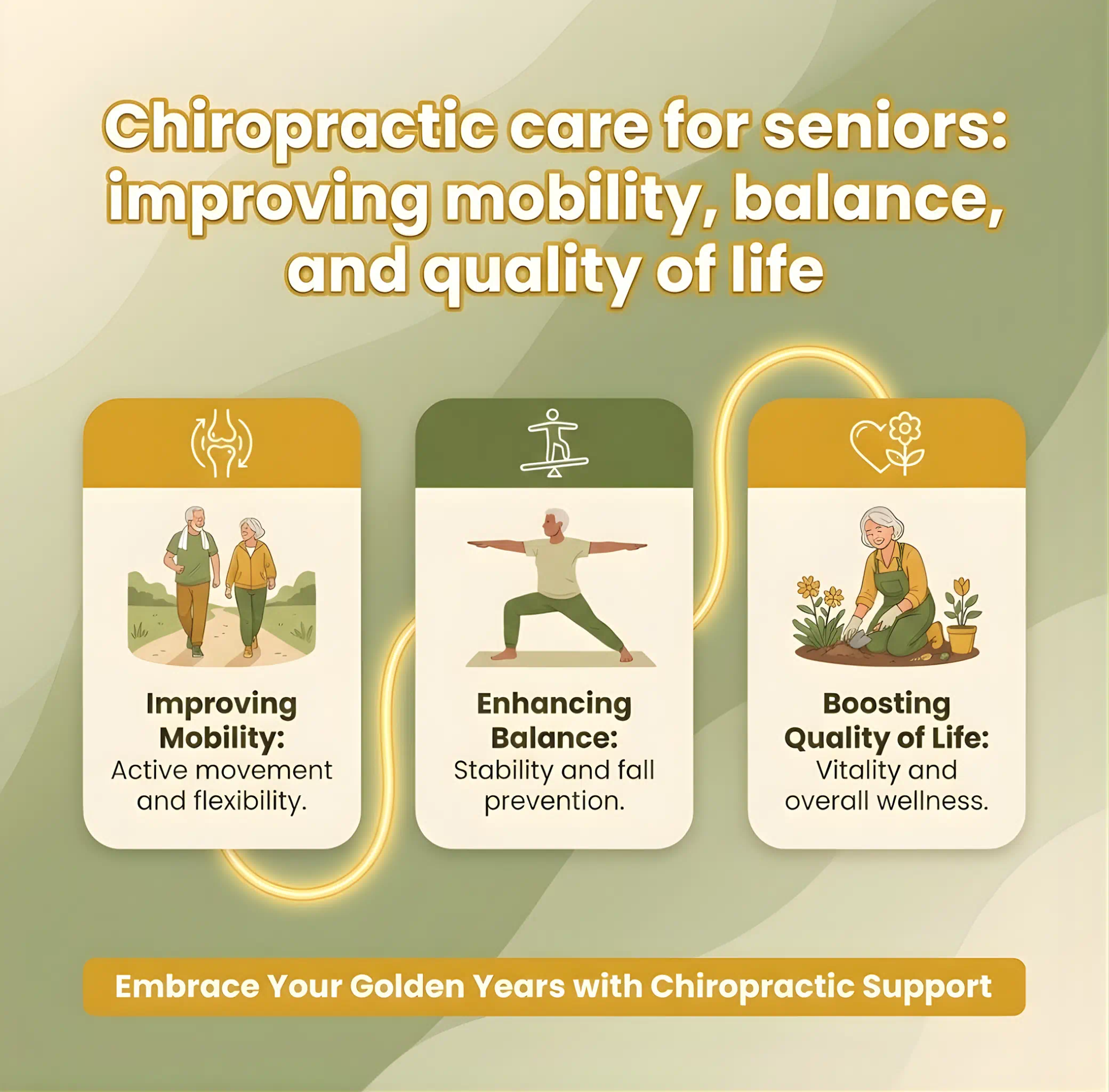 Chiropractic care ad for seniors features three panels: mobility, balance, and quality of life, with illustrations of active seniors. Warm, supportive tone. | Ribley Chiropractic
