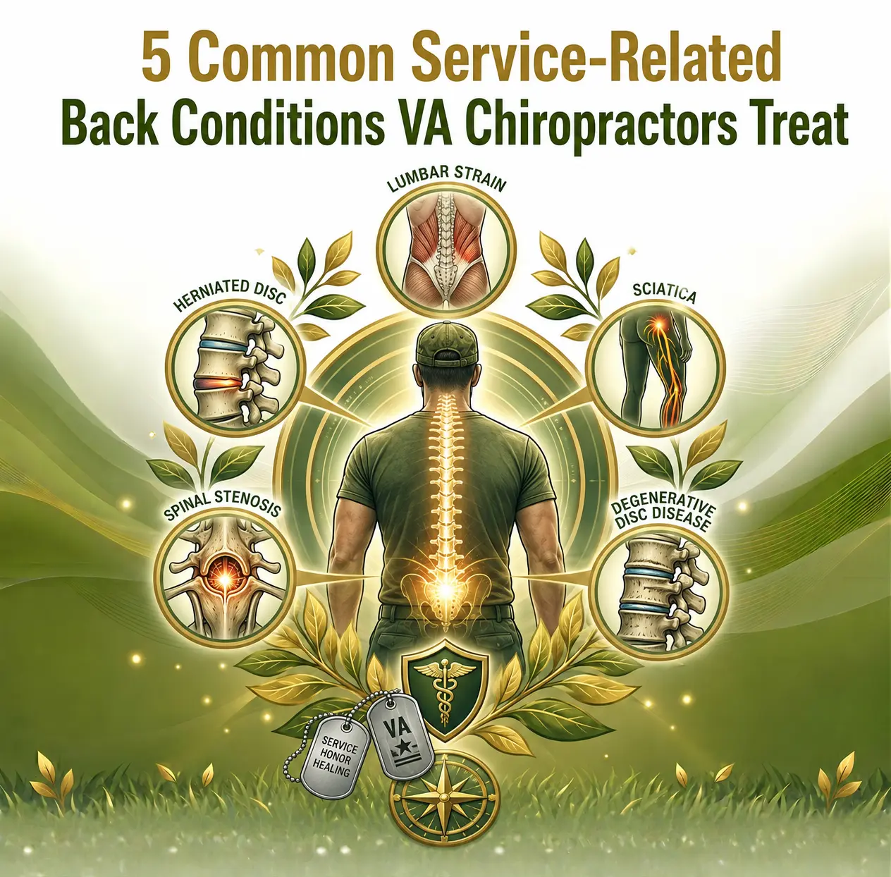 Illustration showing a figure with spinal highlights, surrounded by diagrams of five back conditions: lumbar strain, herniated disc, sciatica, spinal stenosis, and degenerative disc disease. Military-themed, green tones.