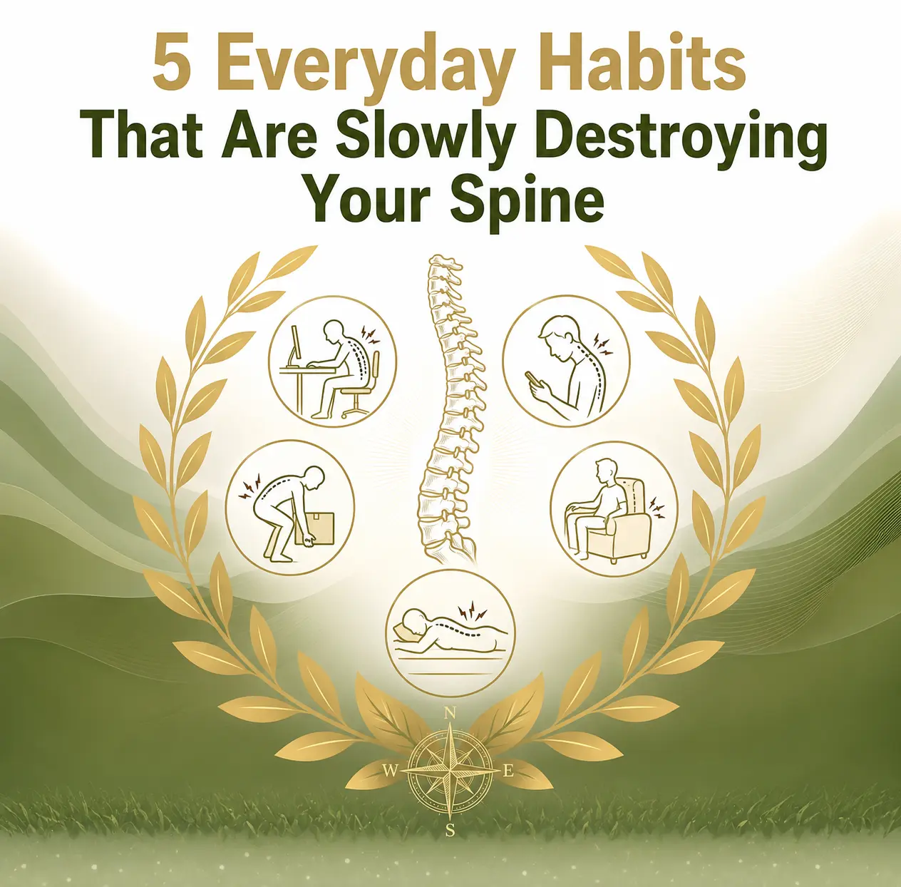 Featured image Ribley of five harmful habits for the spine includes poor posture at work, phone use, bending, sitting, and sleeping. Central spine illustration.