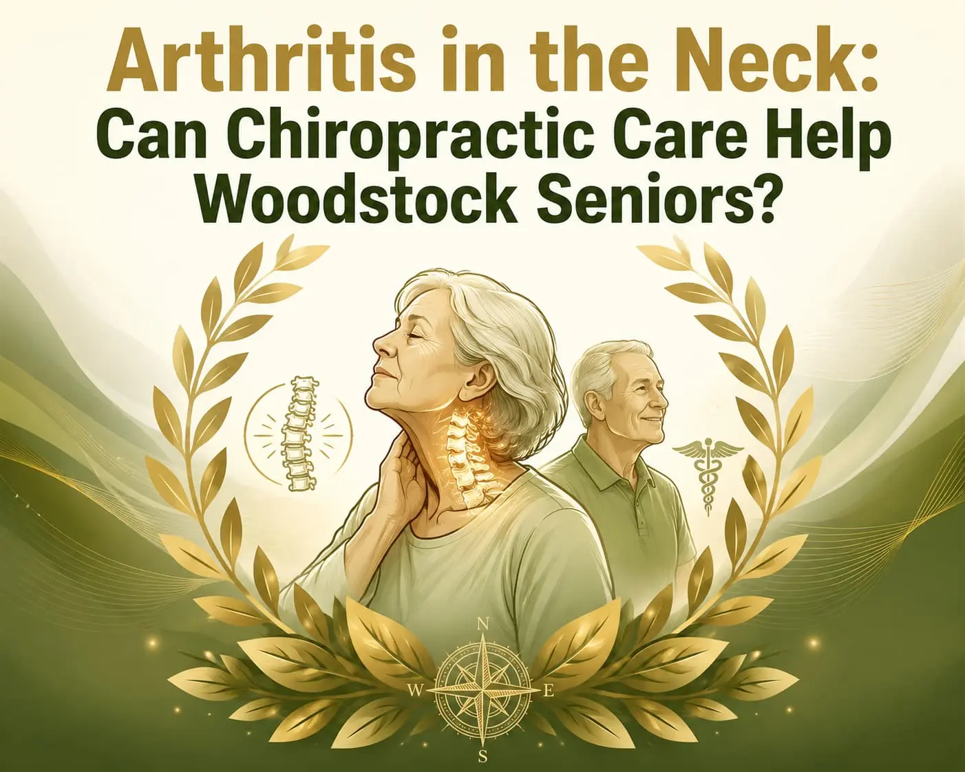 Illustration titled “Arthritis in the Neck: Can Chiropractic Care Help Woodstock Seniors?” shows an older couple, neck anatomy, and healing laurel motif.