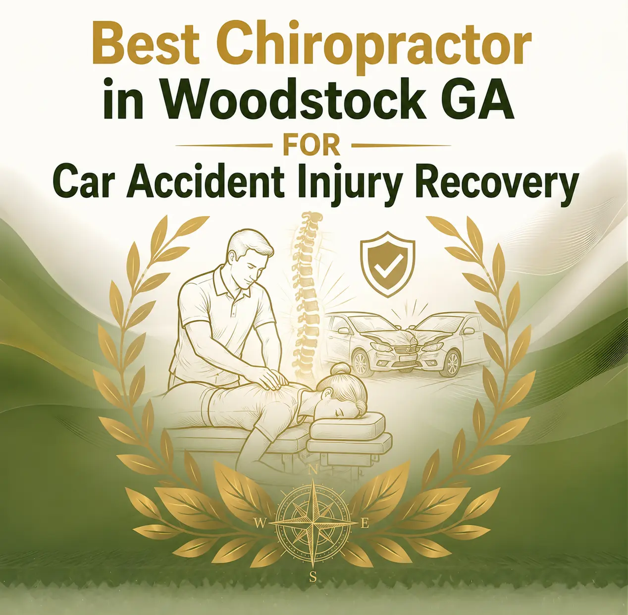 Illustration of a chiropractor treating a patient surrounded by gold laurels. Text reads "Best Chiropractor in Woodstock GA for Car Accident Injury Recovery." Background shows a spine, two cars, and a shield.