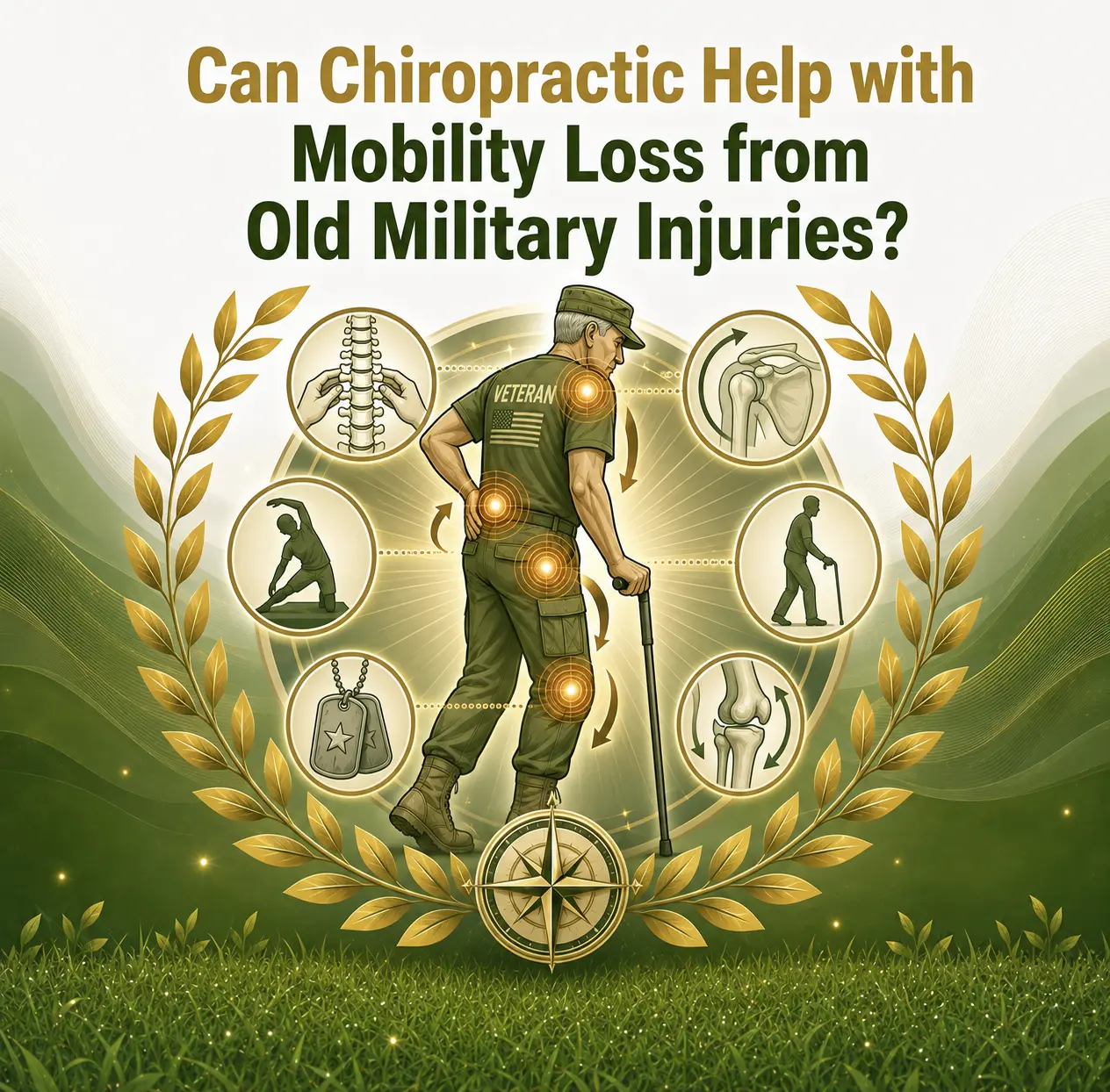 Illustration of a veteran with a cane surrounded by icons of joints and chiropractic care. Text asks if chiropractic helps with military injury mobility loss.