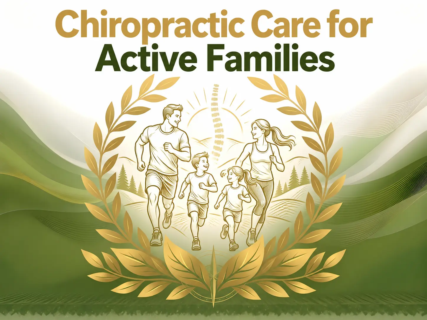 Promotional graphic for chiropractic care, showing an active family running together, framed by golden leaves and green waves in a warm, healthy scene.