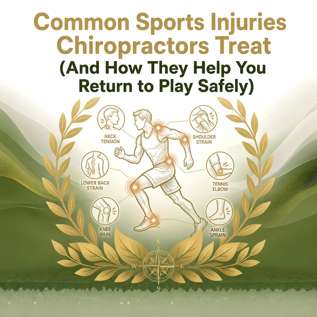 Illustration of a runner highlighting common sports injuries, featuring labels for neck tension, lower back strain, knee pain, shoulder strain, tennis elbow, and ankle sprain. The image has a gradient background and a decorative golden laurel wreath with a compass.