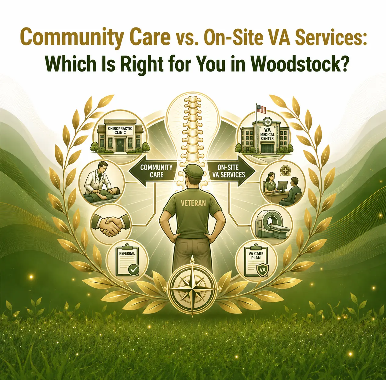 Illustration showing a veteran choosing between Community Care and On-Site VA Services, represented by a chiropractic clinic and VA medical center, surrounded by symbols of care and support.