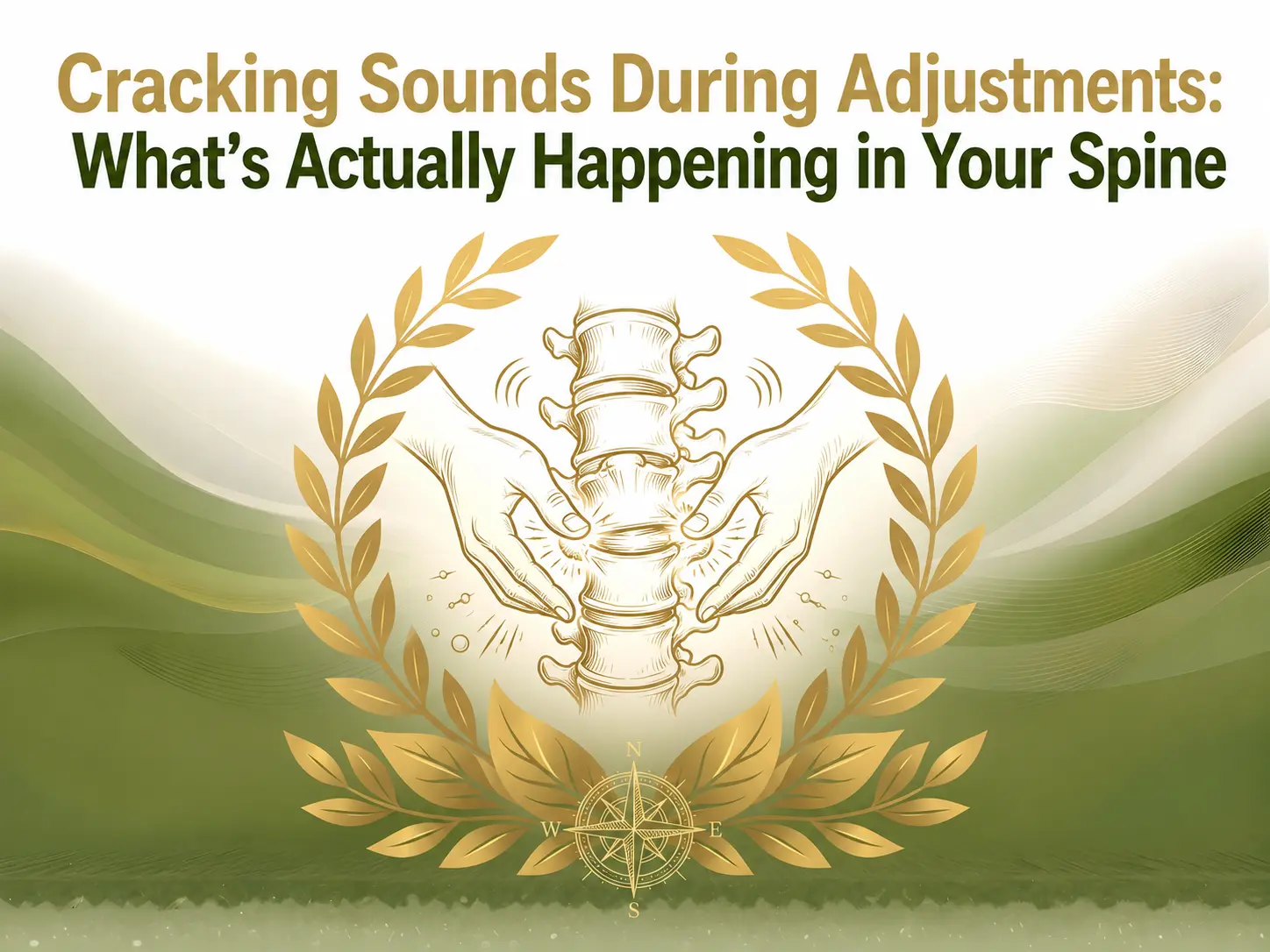 Graphic illustrating spinal adjustments, featuring a spine held by hands, with text about cracking sounds in the spine and a leafy gold frame against a green gradient background.