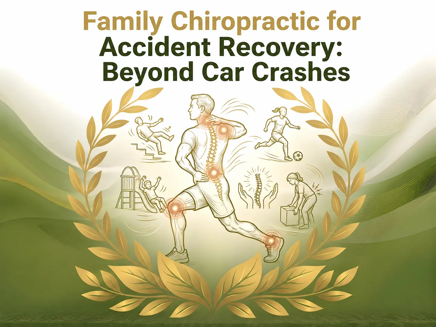 A dynamic illustration highlights chiropractic care for accident recovery, with a muscular figure in motion surrounded by icons of diverse physical activities.