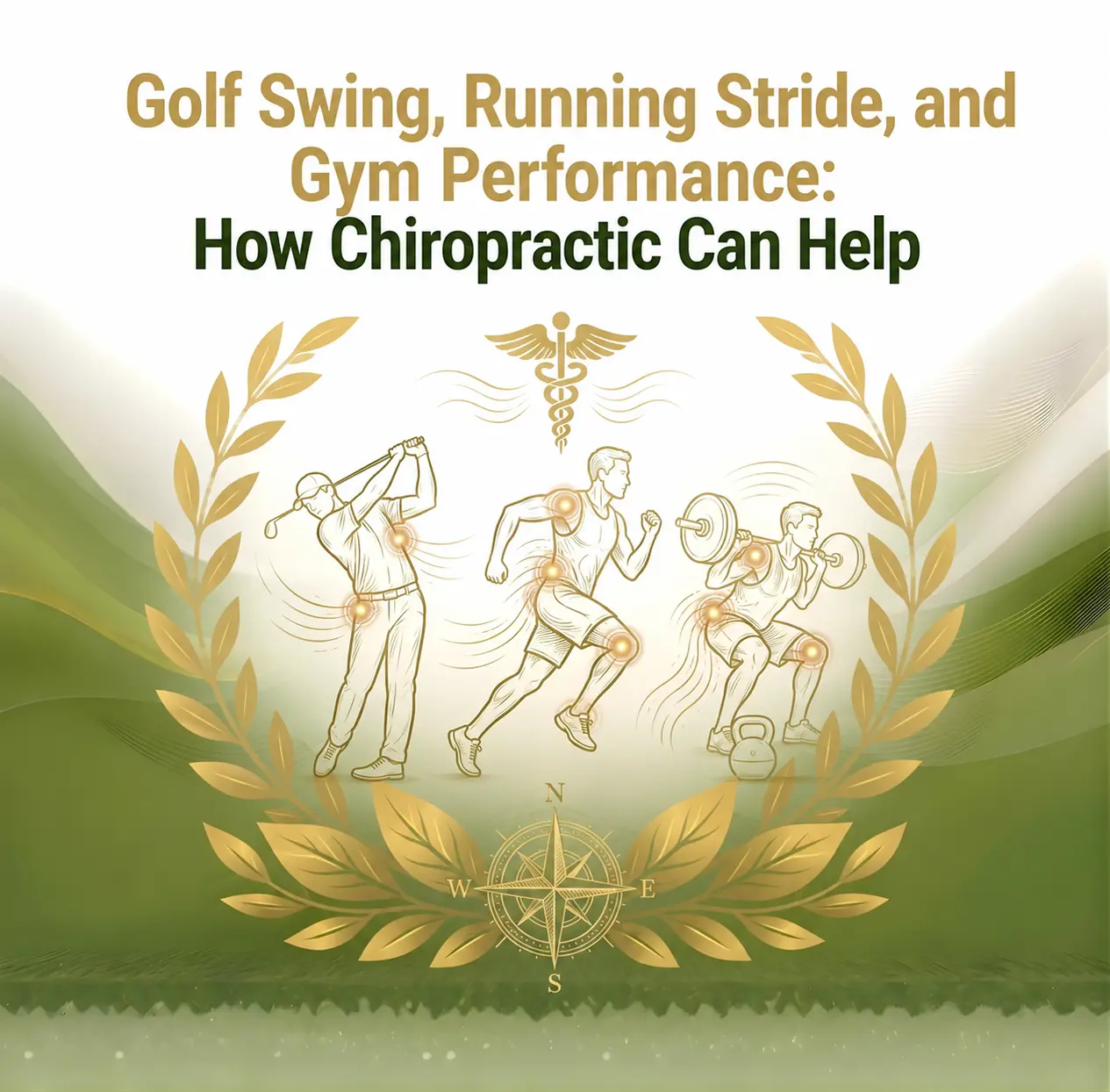Illustration of athletes performing a golf swing, running, and weightlifting, surrounded by gold laurel leaves, highlighting joint support with chiropractic benefits.
