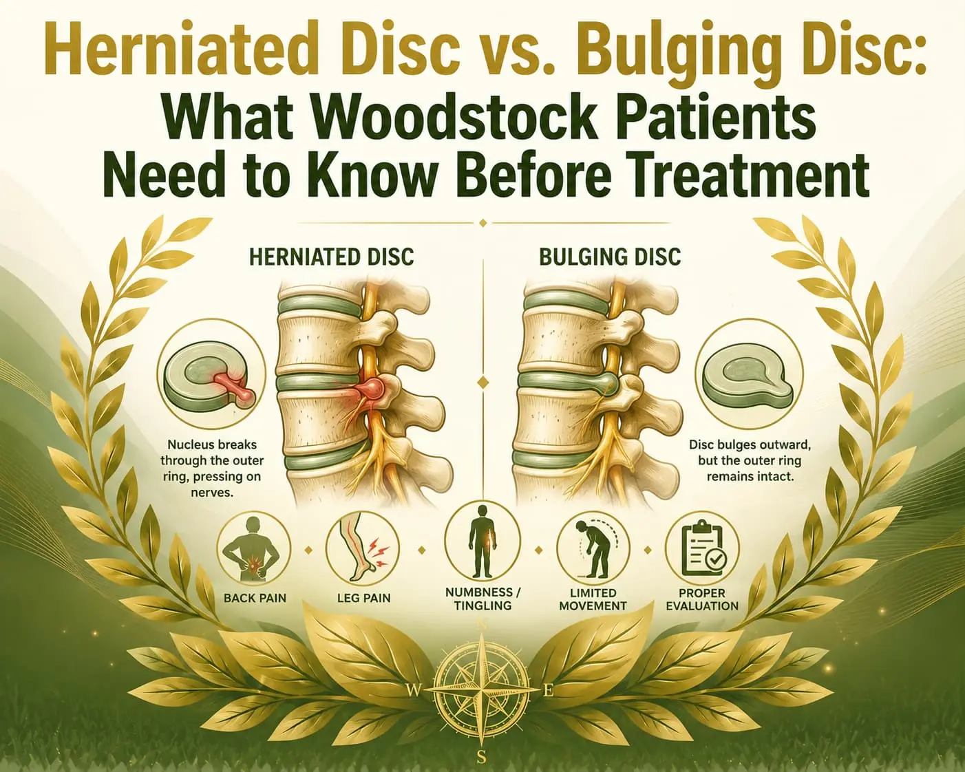 Infographic comparing herniated and bulging discs, showing spinal illustrations, symptoms, and guidance for Woodstock patients before treatment.