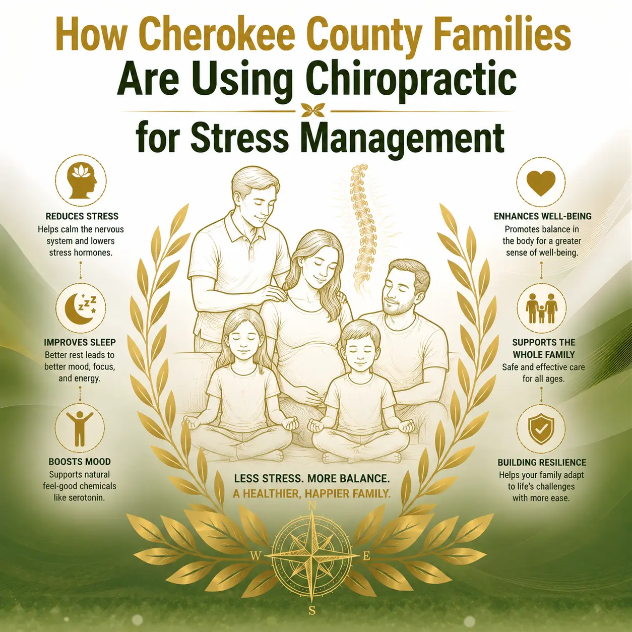 Illustration of a family seated together, surrounded by gold leaves. Text highlights chiropractic benefits: stress reduction, sleep improvement, mood boost, well-being, family support, and resilience.