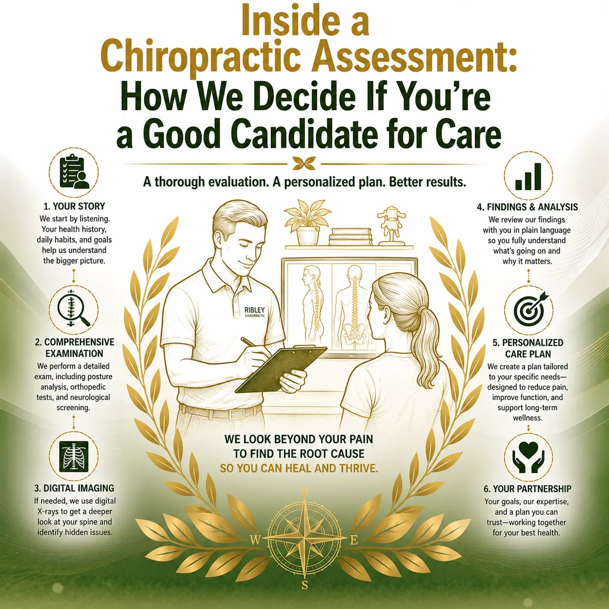 A graphic illustrating the process of a chiropractic assessment. It includes steps such as "Your Story," "Comprehensive Examination," and "Findings & Analysis." Features icons and visuals representing each step, with a border of laurel leaves.