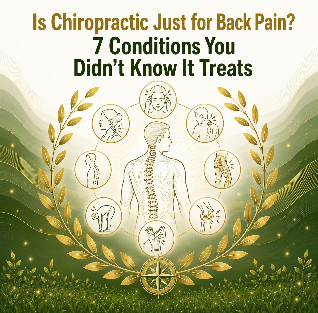A graphic illustrating a spine surrounded by icons of different body parts. Text reads, "Is Chiropractic Just for Back Pain? 7 Conditions You Didn’t Know It Treats." The background is green with gold laurel wreaths, creating a holistic and healing tone.