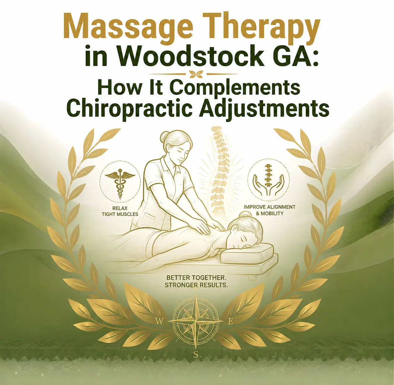 Illustration emphasizing massage therapy in Woodstock, GA. Features a therapist massaging a client, surrounded by icons showing spine care benefits and the text 'Relax Tight Muscles' and 'Improve Alignment & Mobility.' The background includes leafy gold accents, suggesting a holistic approach.