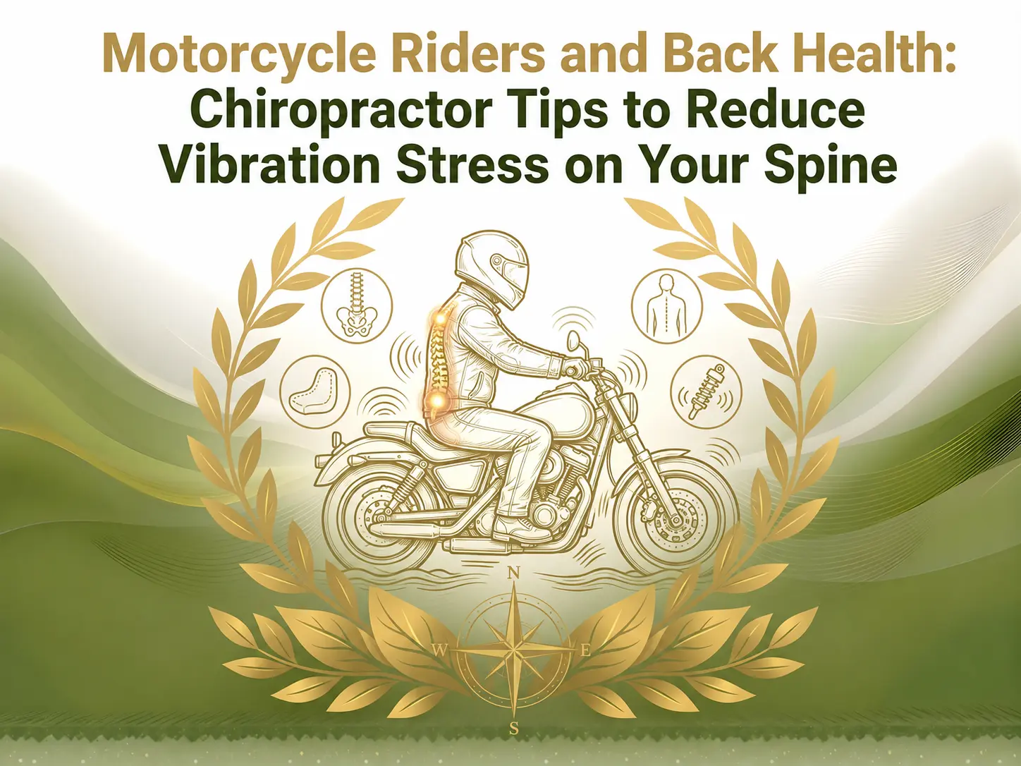 Illustration of a motorcyclist on a bike surrounded by icons related to back health, with text addressing vibration stress on the spine.