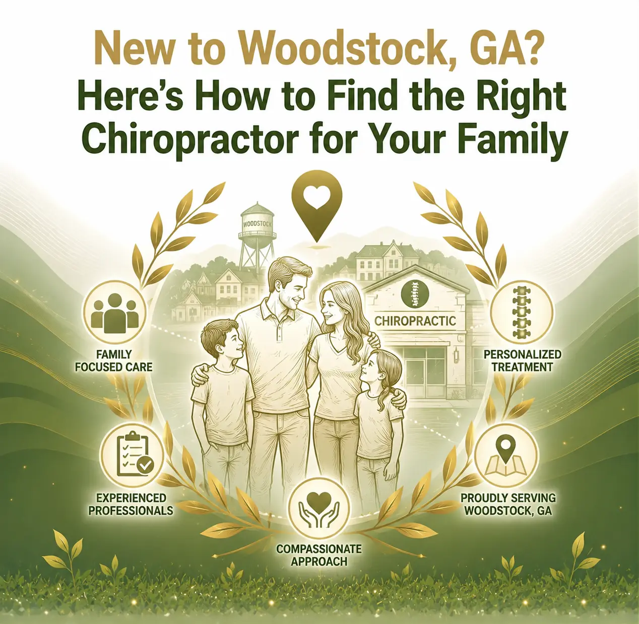 Illustration showing a family of four in front of a chiropractic clinic with text promoting how to find a chiropractor in Woodstock, GA. Keywords: family care, experienced professionals, personalized treatment.