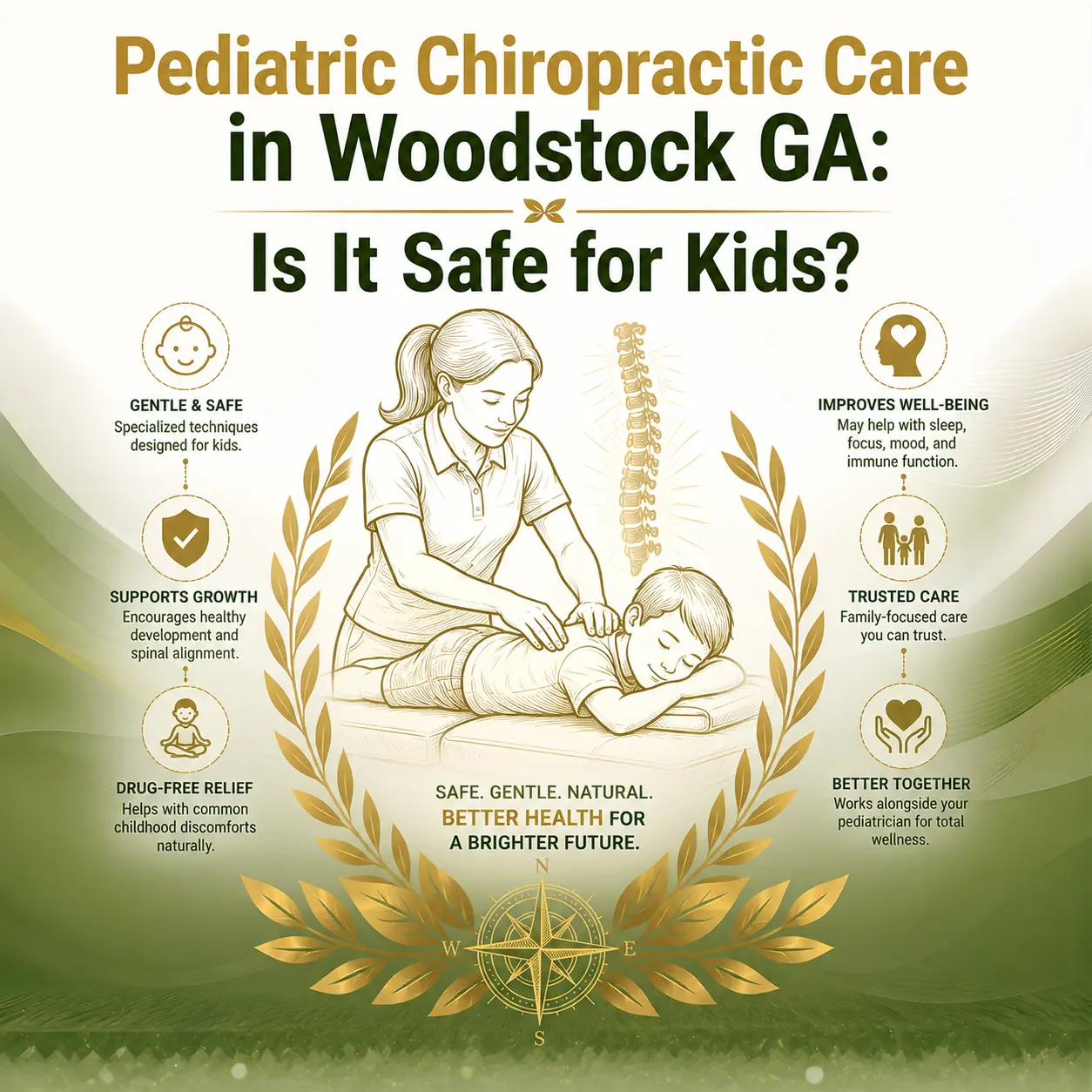 Illustration of a chiropractor treating a child, surrounded by symbols highlighting benefits of pediatric chiropractic care: safe, improves well-being, drug-free relief, trusted, and supportive. Set against a green and gold background with the question, "Is it safe for kids?" prominently featured.