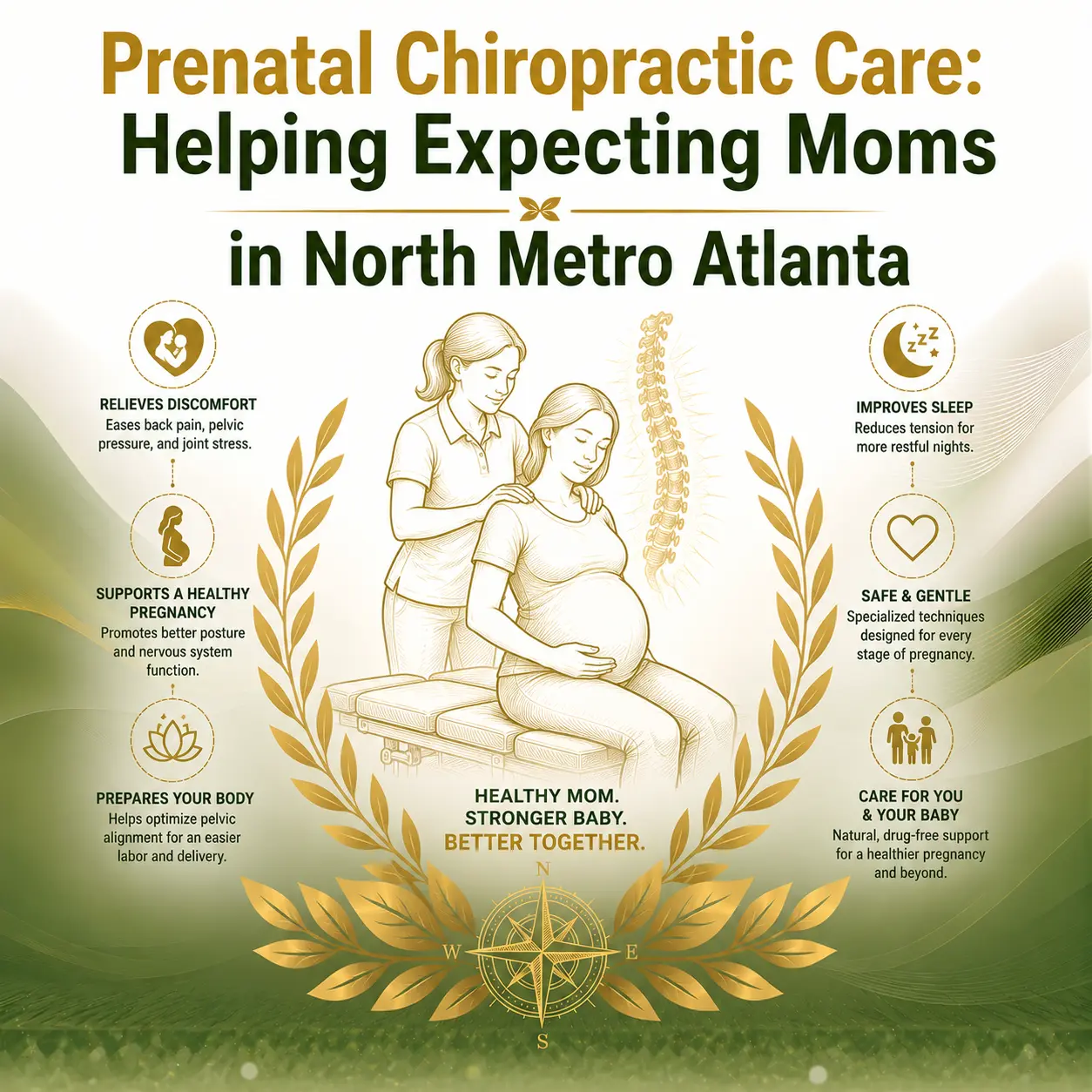 Illustration of a pregnant woman receiving chiropractic care. Text highlights benefits: discomfort relief, sleep improvement, healthy pregnancy, gentle techniques, and support in North Metro Atlanta. Elegant green and gold design.