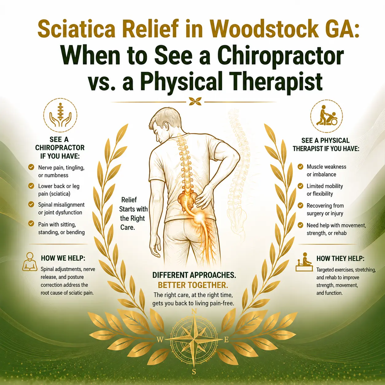Infographic titled "Sciatica Relief in Woodstock GA." It compares seeing a chiropractor for nerve pain and sciatica with seeing a physical therapist for mobility issues. Center shows a person with spine illustration. Tone is informative and supportive.