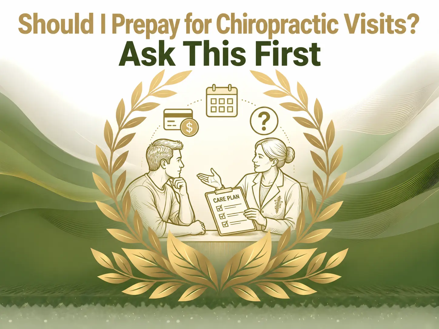“Should I prepay for chiropractic visits? Ask this first,” showing a chiropractor and patient reviewing a care plan with payment icons.