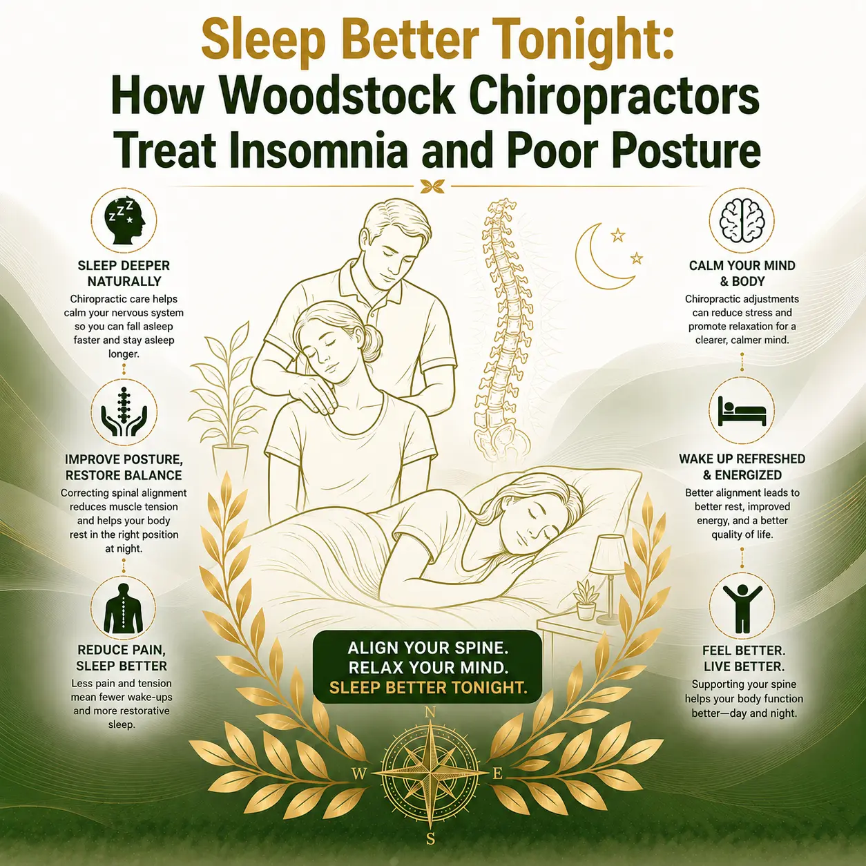 Infographic titled "Sleep Better Tonight: How Woodstock Chiropractors Treat Insomnia and Poor Posture." Features illustrations of a chiropractor, a sleeping woman, and a spine. Includes benefits like deeper sleep, improved posture, reduced pain, and relaxation. Emphasizes alignment and well-being, using calming colors and nature imagery.