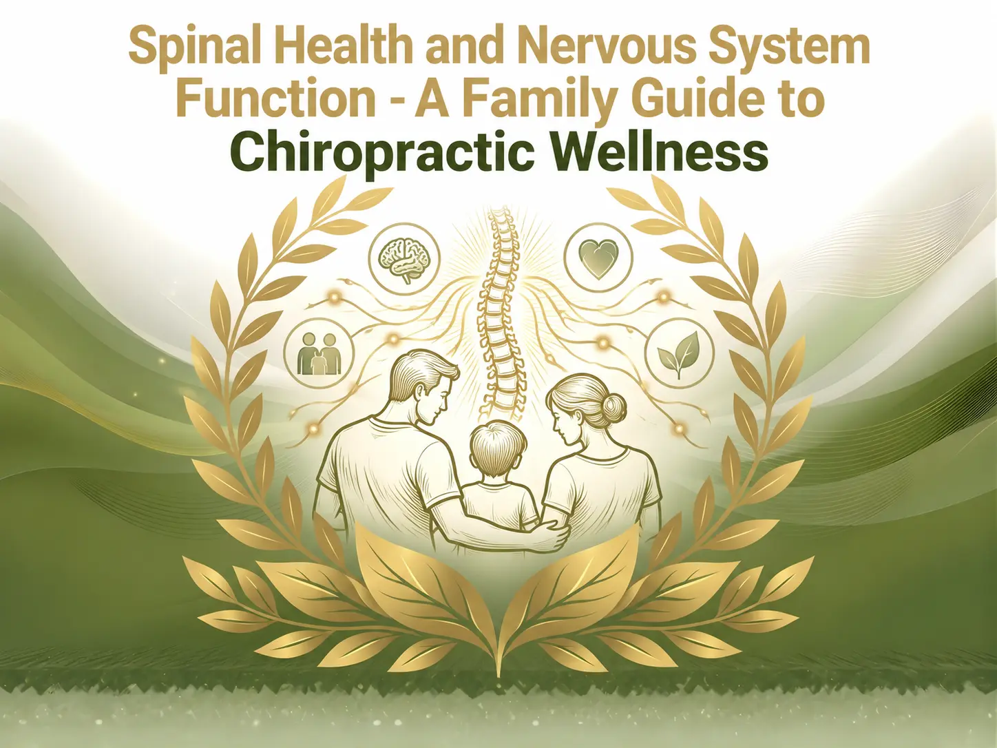 Illustrated chiropractic wellness guide: family gathered around a spine, encircled by golden leaves and health icons on a calm green background.