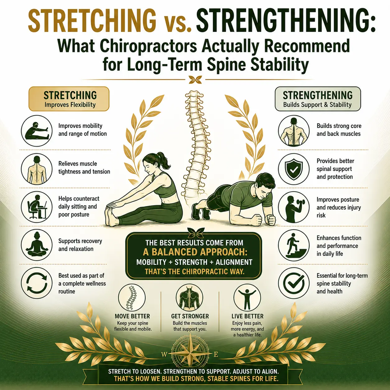 Infographic comparing stretching and strengthening for spine stability, highlighting benefits of each, with illustrations of a woman stretching and a man strengthening. Emphasizes a balanced approach to wellness.