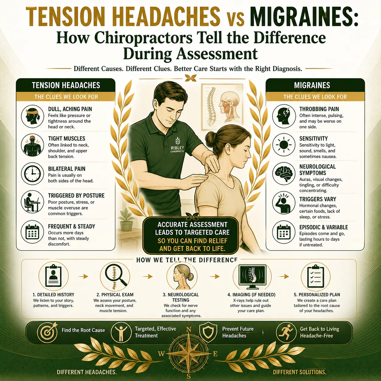 Infographic comparing tension headaches and migraines, detailing symptoms, assessment methods used by chiropractors, and a visual of a chiropractor examining a patient.