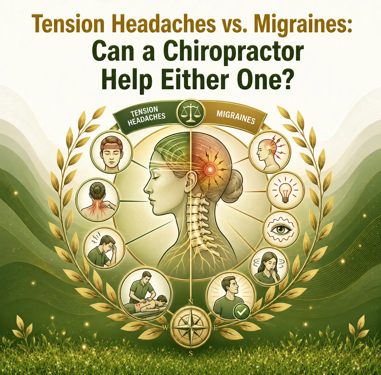 Illustration showing a woman's head and spine divided between tension headaches and migraines. Surrounding icons depict symptoms and chiropractic care.