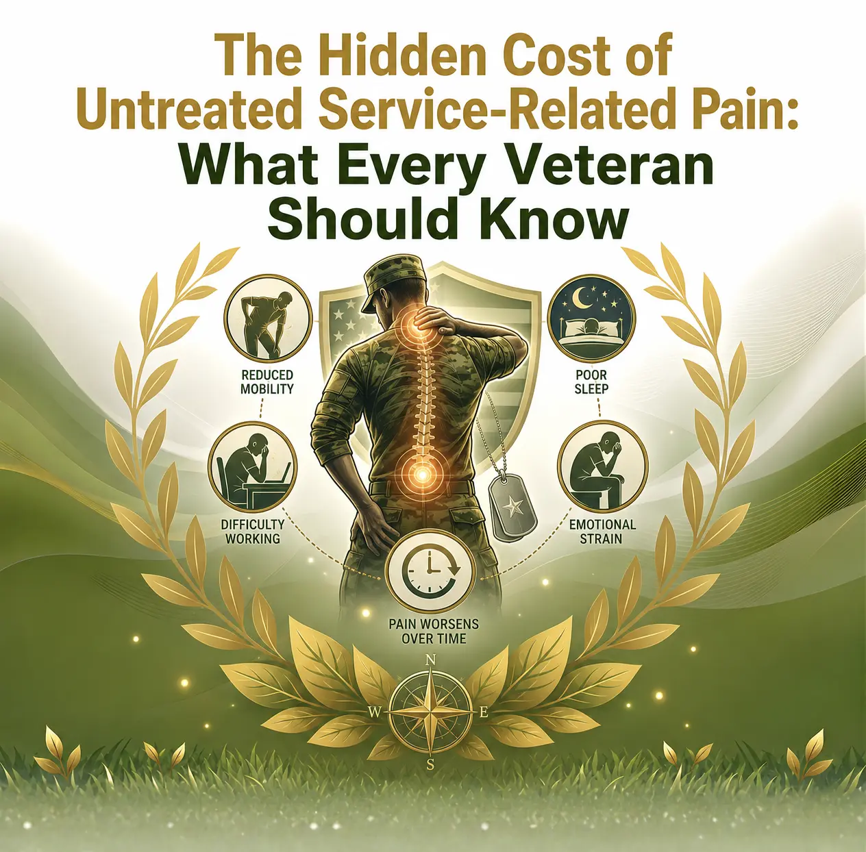 Illustration of a soldier with a radiating spine pain, surrounded by icons depicting reduced mobility, poor sleep, difficulty working, and emotional strain. Text above reads "The Hidden Cost of Untreated Service-Related Pain: What Every Veteran Should Know." The tone is informative and serious.