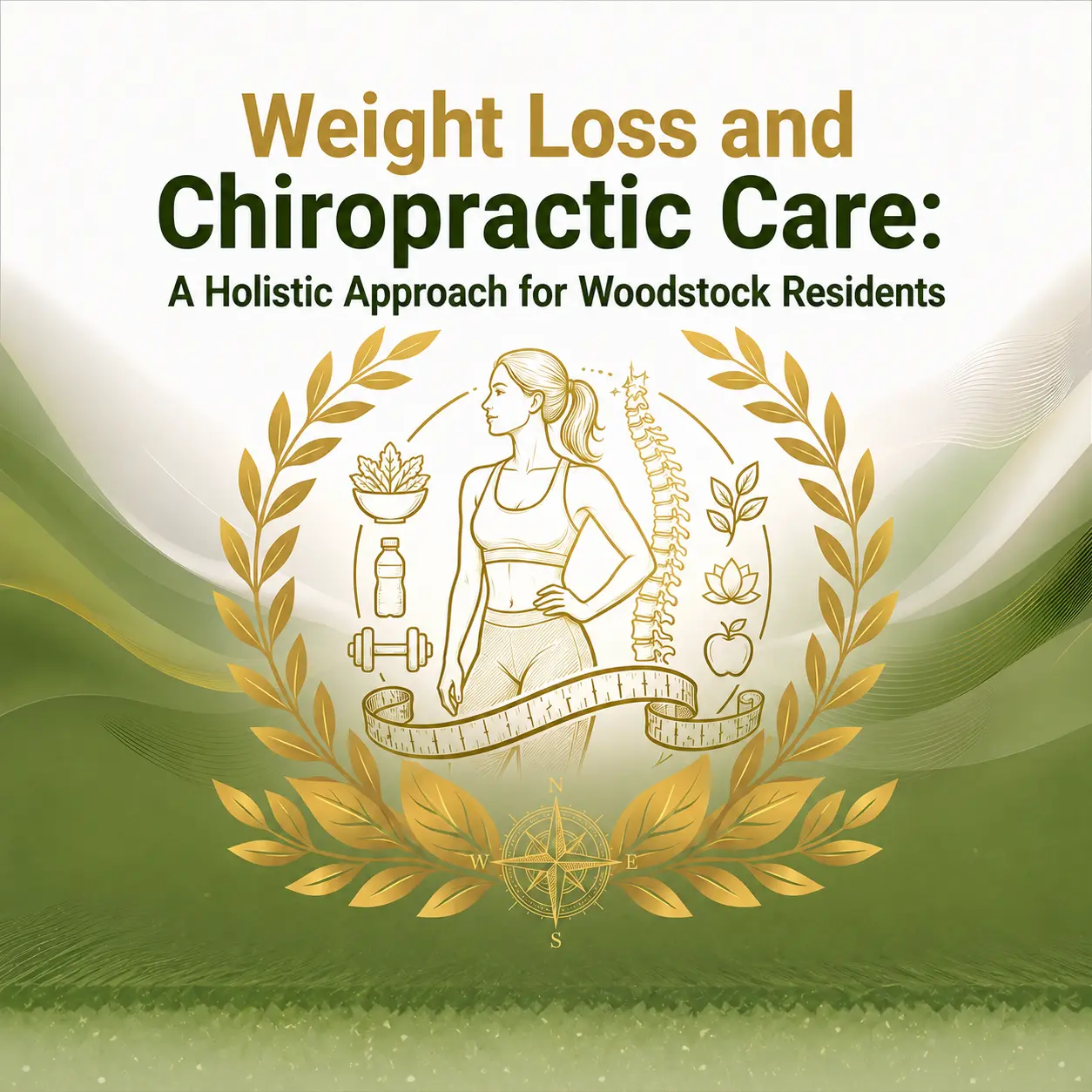 Illustration of a woman in workout attire surrounded by health icons like weights, fruits, and a spine. Golden laurel leaves frame the image. Text at the top reads 'Weight Loss and Chiropractic Care: A Holistic Approach for Woodstock Residents.' The background is a gradient of green and white, conveying a natural, healthy tone.