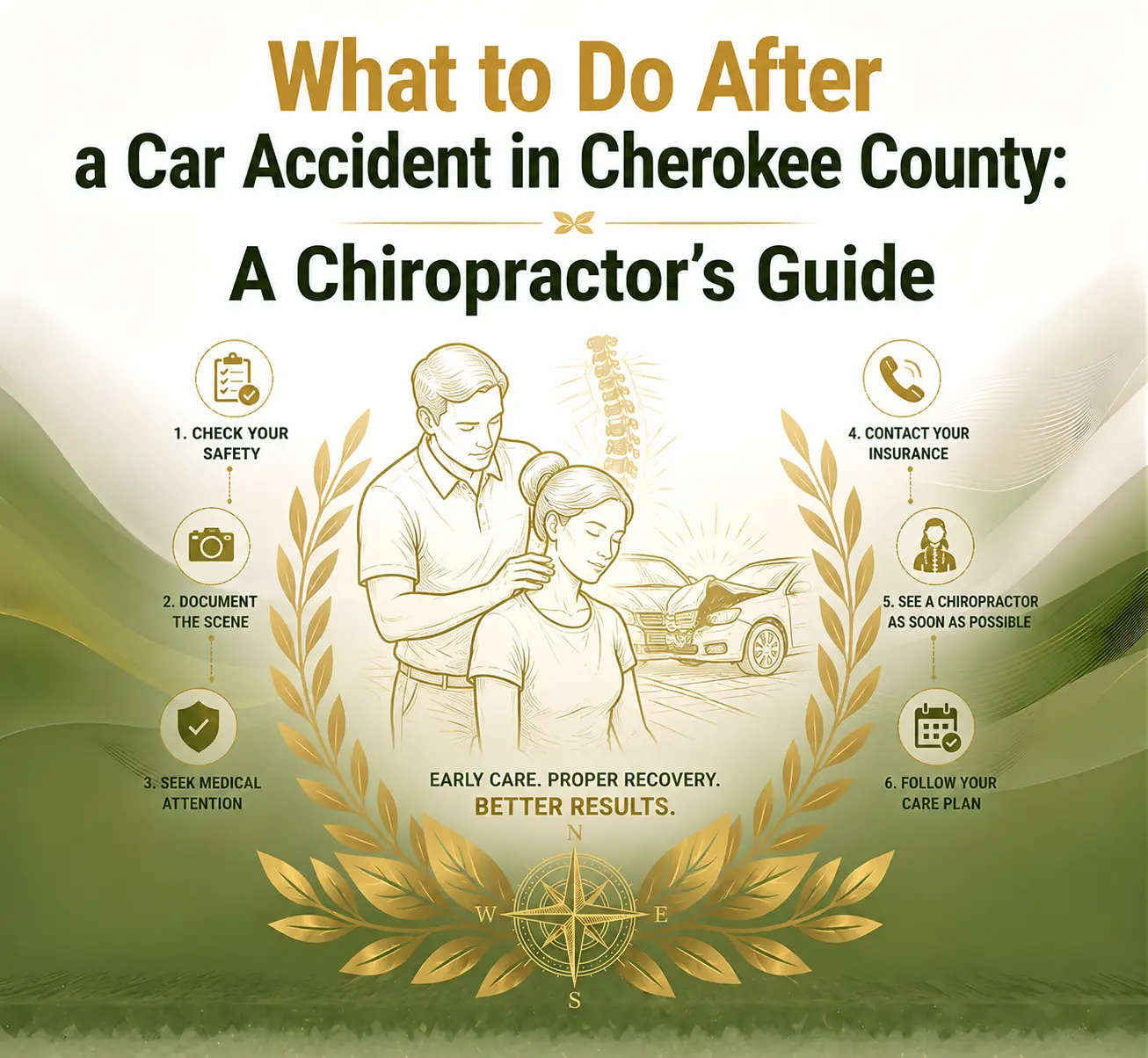 Infographic titled “What to Do After a Car Accident in Cherokee County: A Chiropractor’s Guide.” Shows six steps, an embracing couple, car, and a spinal illustration, conveying care and recovery emphasis.