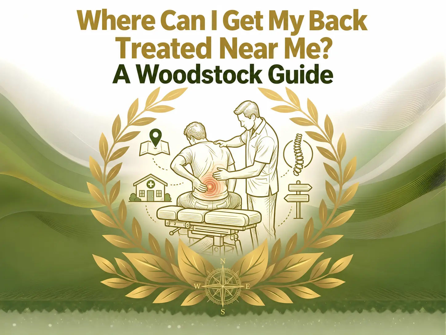 Illustrated Woodstock guide cover showing a patient receiving back treatment, surrounded by golden leaves, wellness symbols, and green hills.