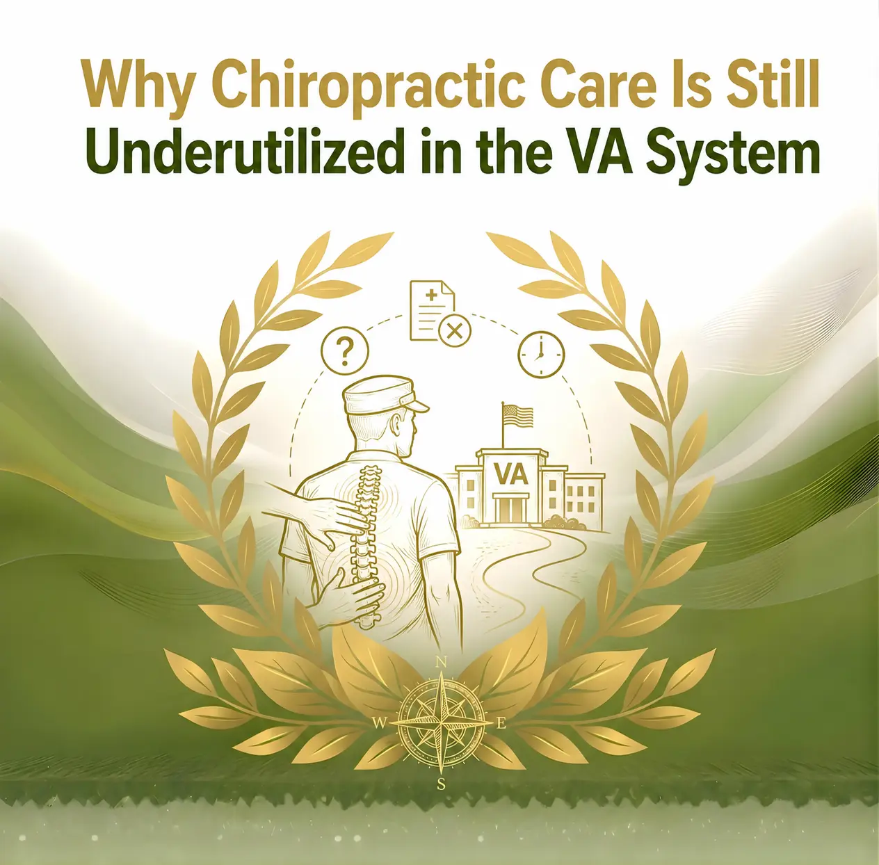 Illustration titled 'Why Chiropractic Care Is Still Underutilized in the VA System.' Features a soldier with a visible spine, VA building, medical symbols, and laurel wreath on a green background.