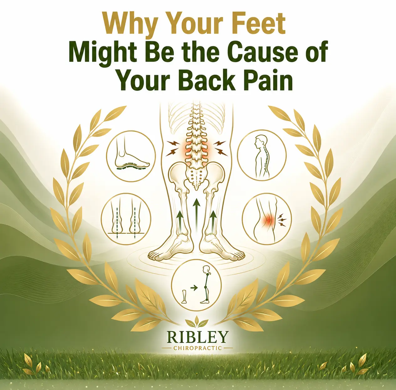 Anatomical illustration showing foot-back pain connections, surrounded by golden leaf motifs. Text: "Why Your Feet Might Be the Cause of Your Back Pain."