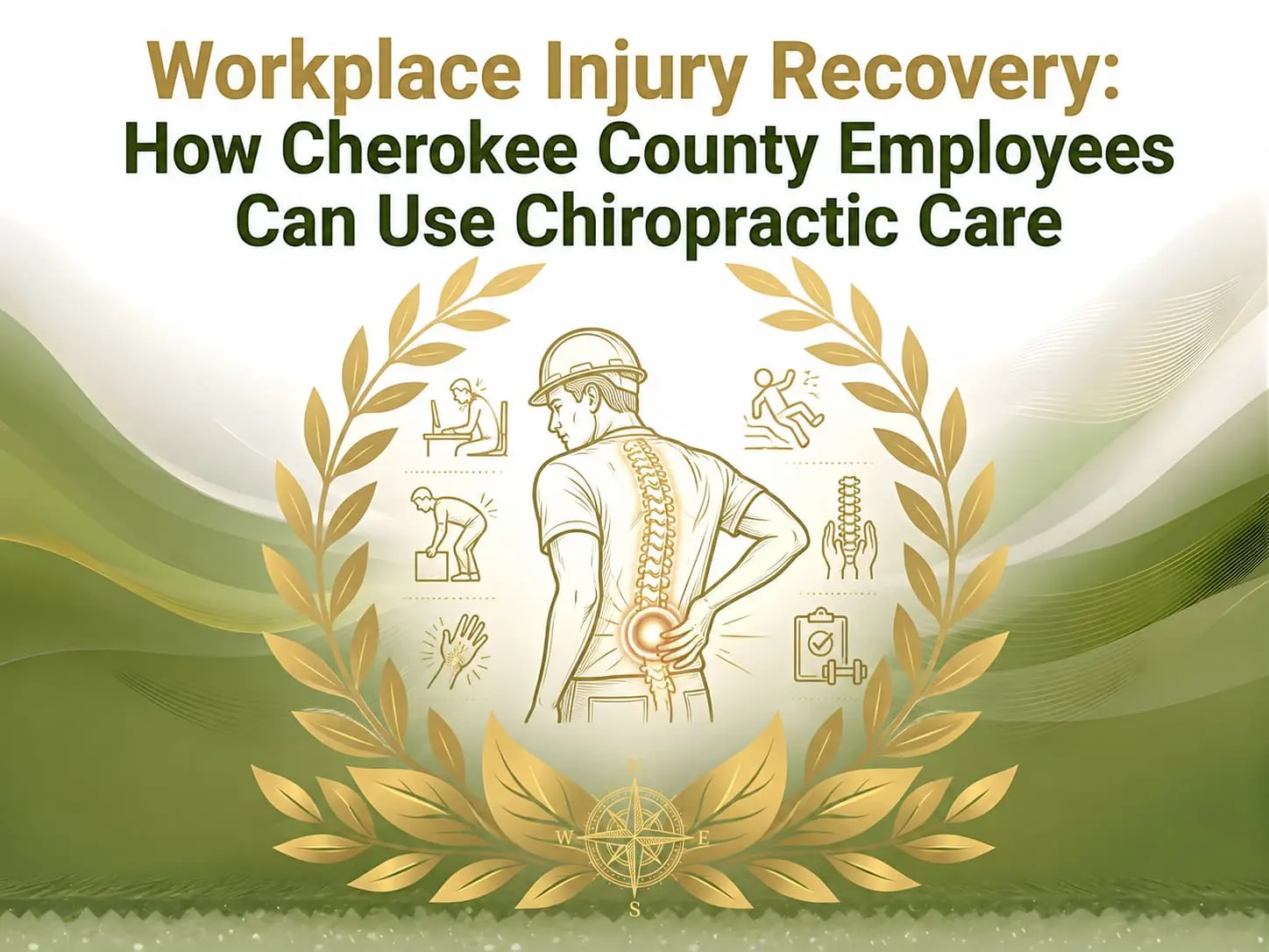 Illustration promoting workplace injury recovery in Cherokee County through chiropractic care, showing a worker with back pain surrounded by healing symbols.