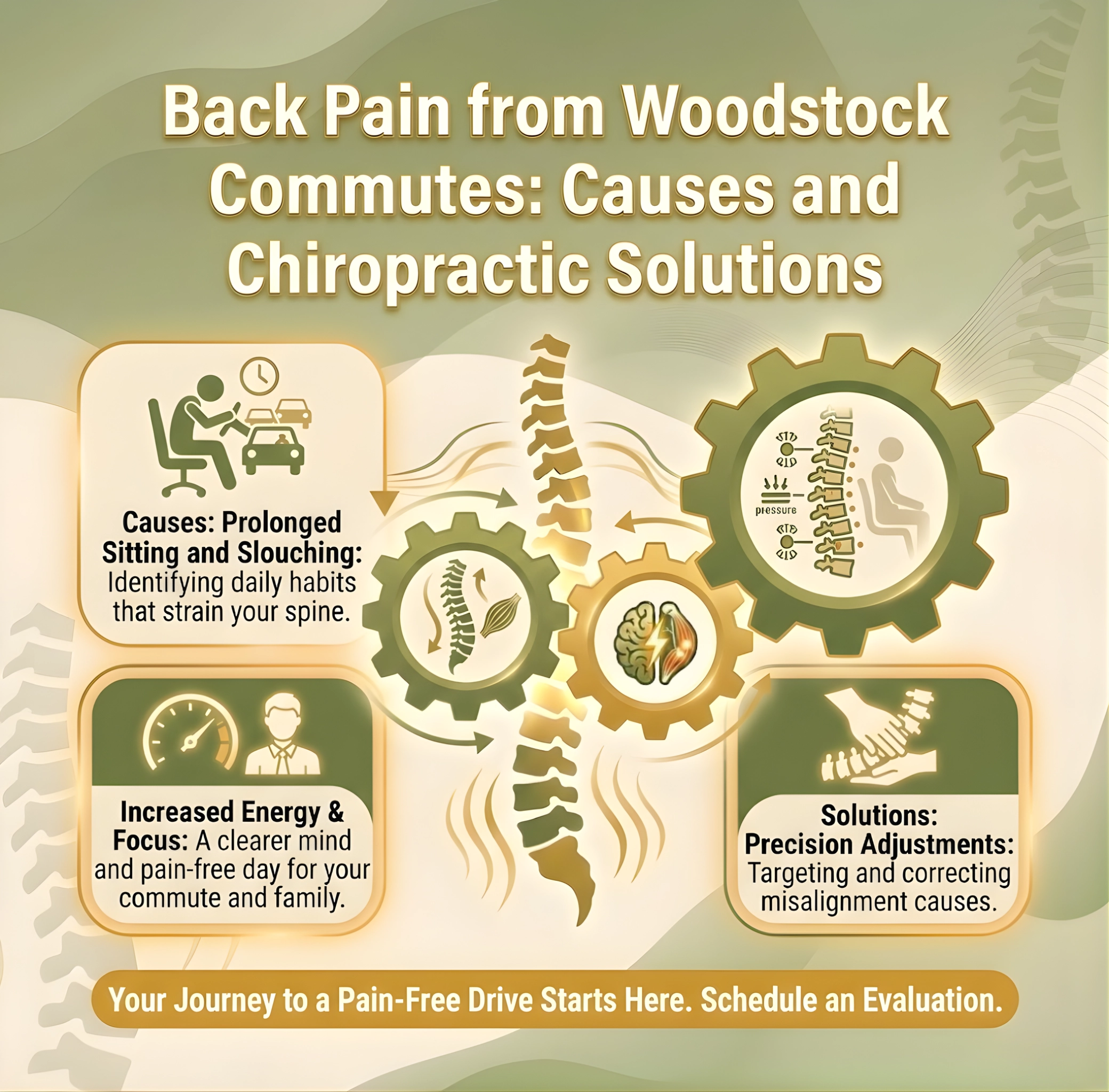 Ribley Chiropractic Back pain infographic showing causes, solutions, and benefits of chiropractic care. Includes visuals of gears, a seated commuter, and spine.