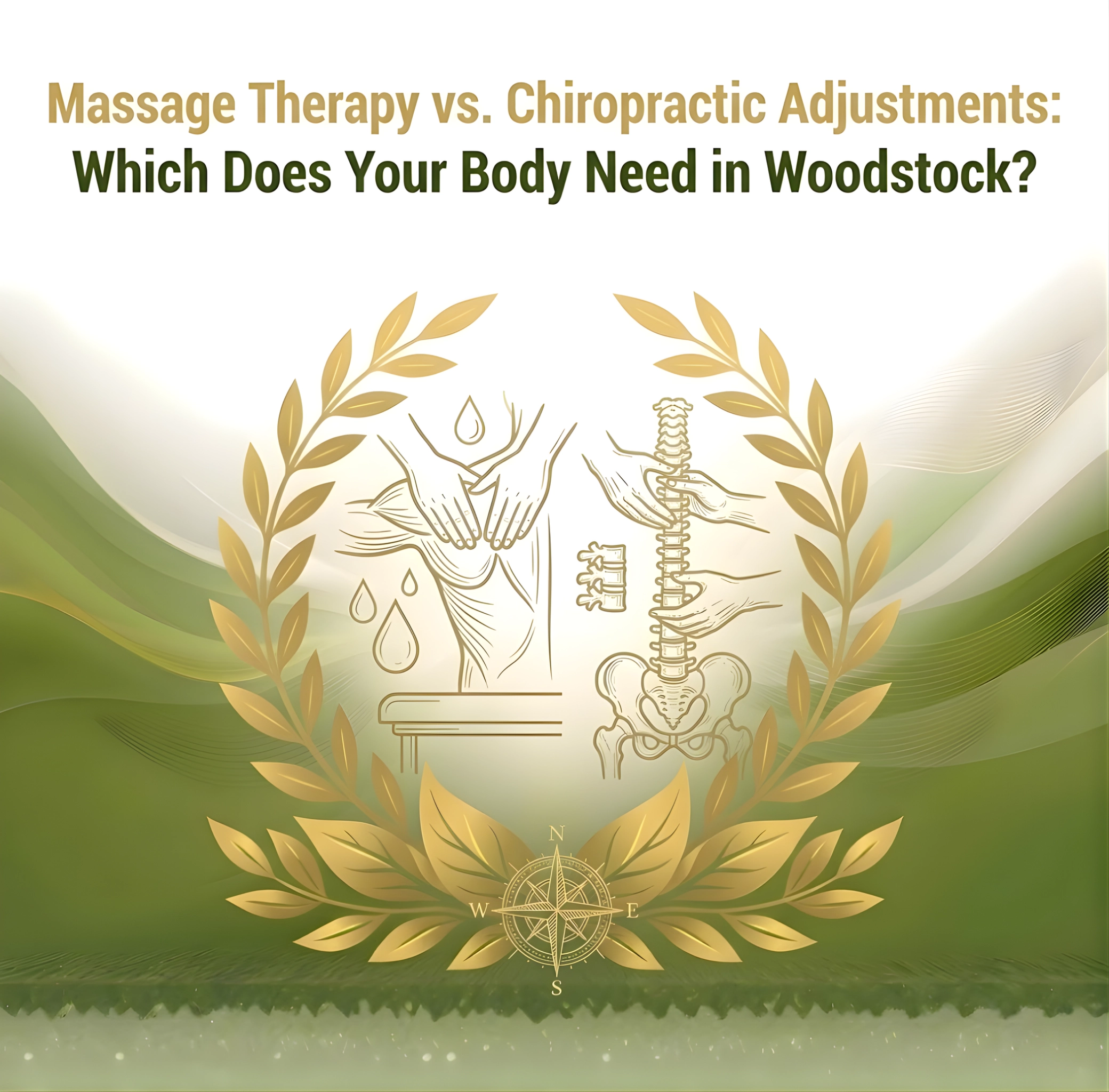 Ribley Chiropractic "Illustration with gold laurel wreaths, hands giving a massage, and a spine on a green background. Text: 'Massage Therapy vs. Chiropractic Adjustments: Which Does Your Body Need in Woodstock?'"