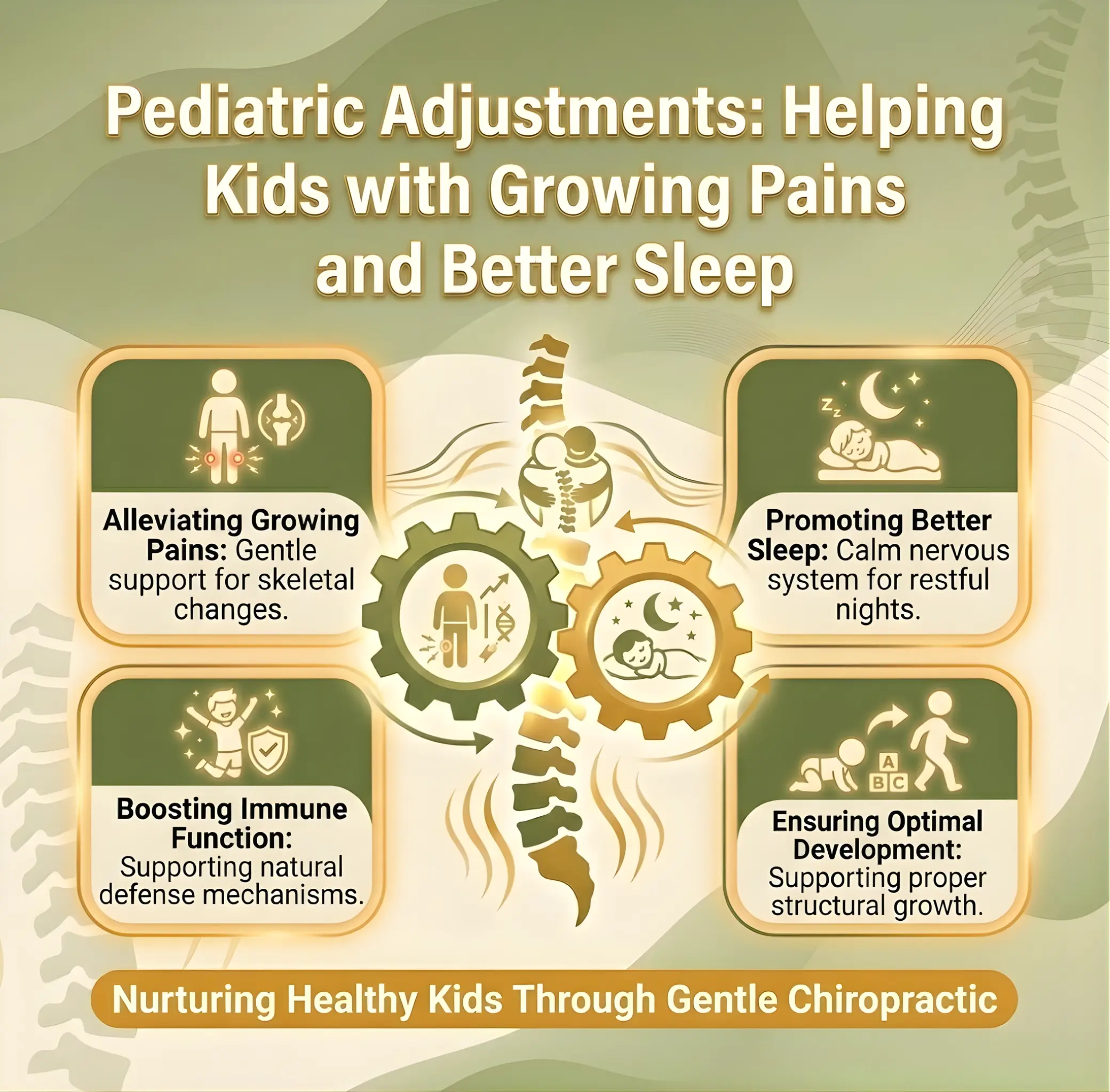 Ribley Chiropractic Infographic titled "Pediatric Adjustments" highlights benefits of chiropractic care for kids: alleviating growing pains, boosting immunity, better sleep, optimal development.