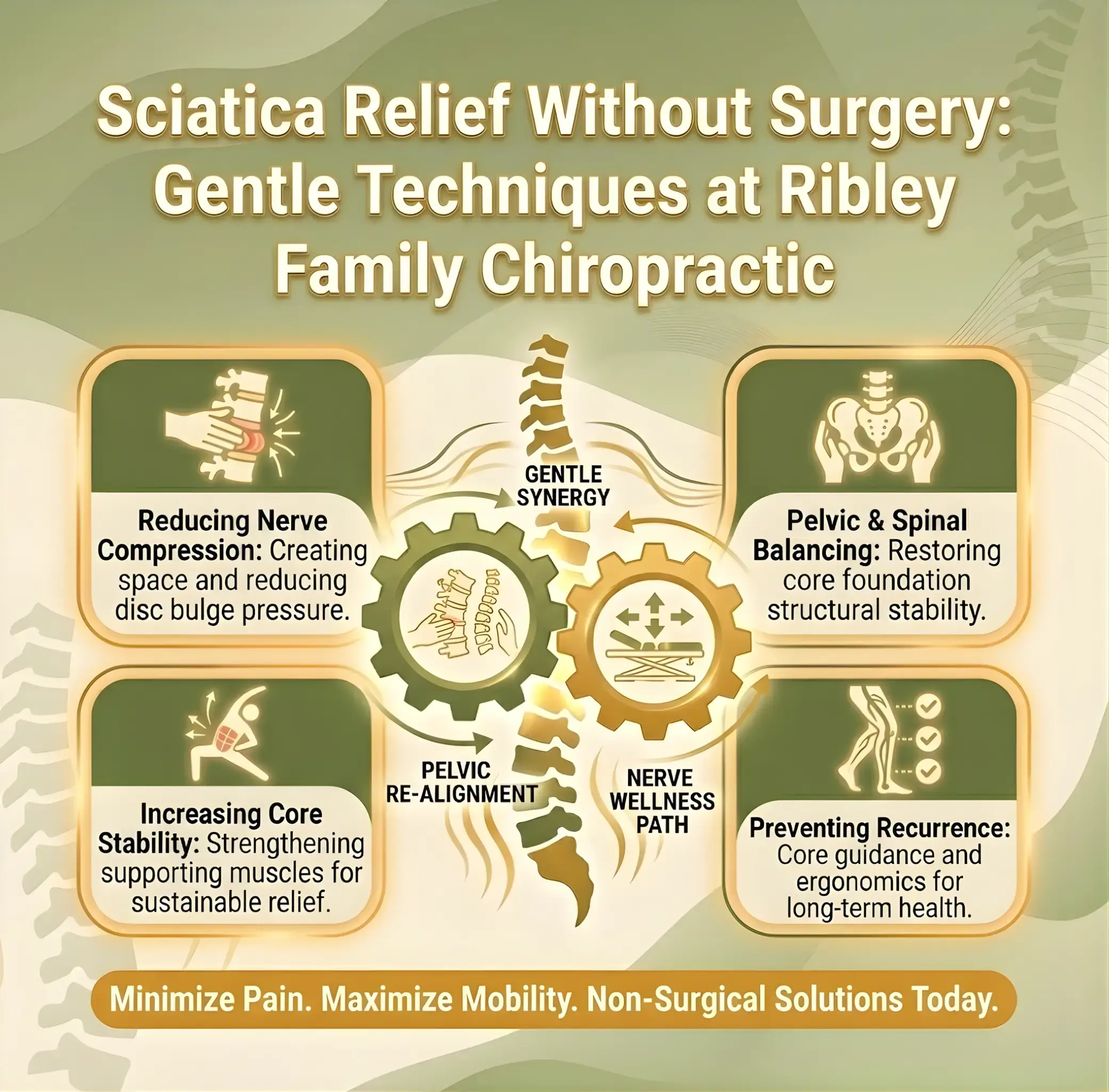 Ribley Chiropractic Infographic titled "Sciatica Relief Without Surgery: Gentle Techniques at Ribley Family Chiropractic." Highlights reducing nerve compression, pelvic and spinal balancing, increasing core stability, and preventing recurrence. Tone is informative and reassuring.