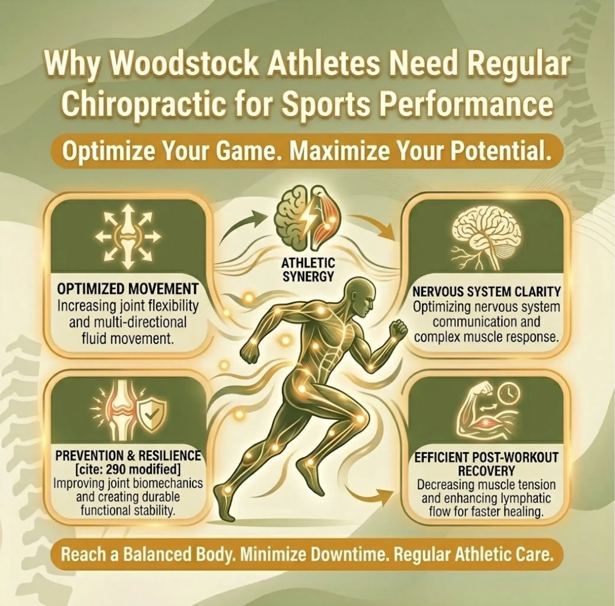 Ribley Chiropractic Infographic titled "Why Woodstock Athletes Need Regular Chiropractic for Sports Performance." It shows a muscular figure running, surrounded by benefits like optimized movement, nervous system clarity, prevention and resilience, and efficient post-workout recovery. The tone is motivational, emphasizing athletic synergy.